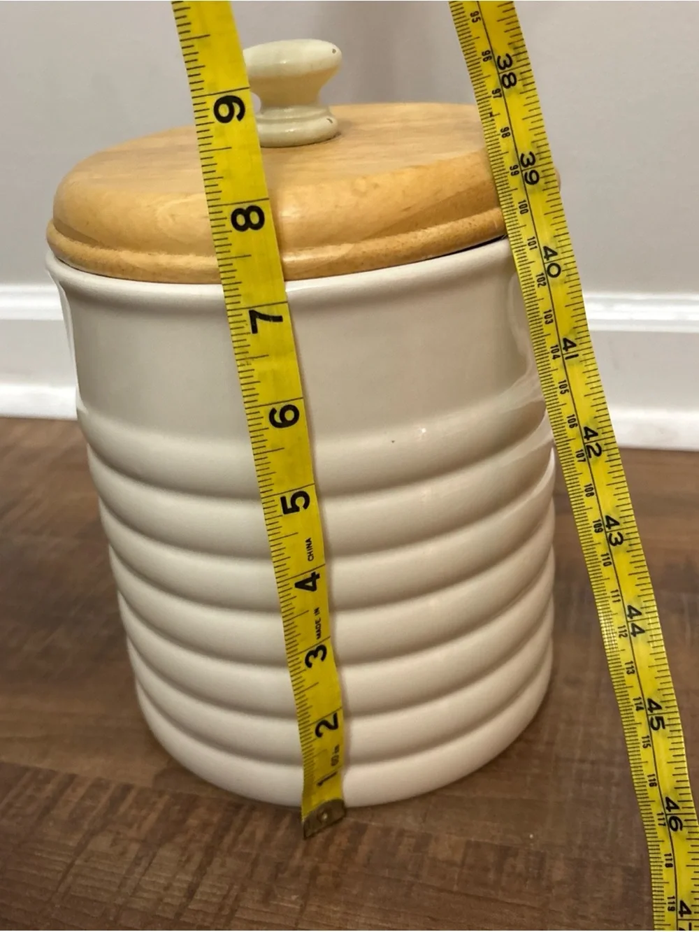 Furio Ceramic Ribbed Canister 8 in with Wooden Lids Mid-Century  Cream Color Vtg